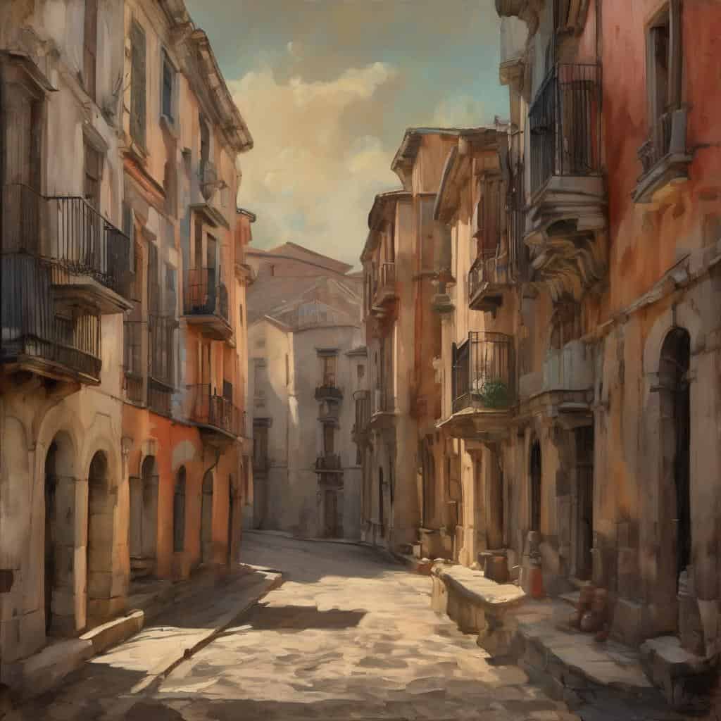 Παραδοσιακή πόλη με πολύχρωμα κτίρια και μικρούς δρόμους, τέχνη και αρχιτεκτονική στην Ελλάδα.