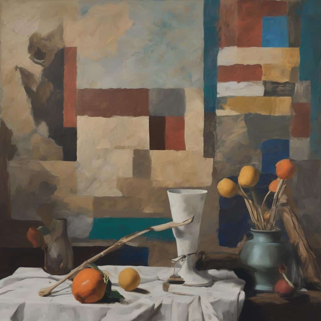 Φόντο με αφηρημένη τέχνη, συνδυασμός μουσικής και εικαστικών, σύγχρονη τέχνη και δημιουργικότητα, πινέλα, μουσικά αντικείμενα, διακοσμητικό στυλ, σύγχρονος καμβάς.